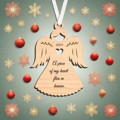 "A Piece of My Heart Flies in Heaven" Laser-Cut Birch Wood Angel Ornament - Personalized for Year