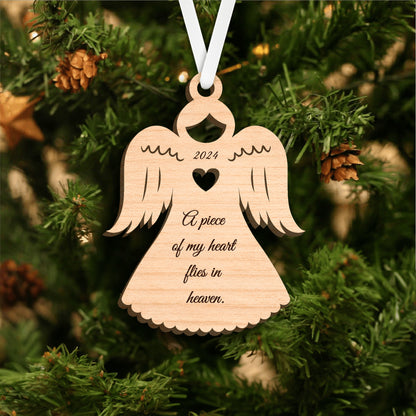 "A Piece of My Heart Flies in Heaven" Laser-Cut Birch Wood Angel Ornament - Personalized for Year